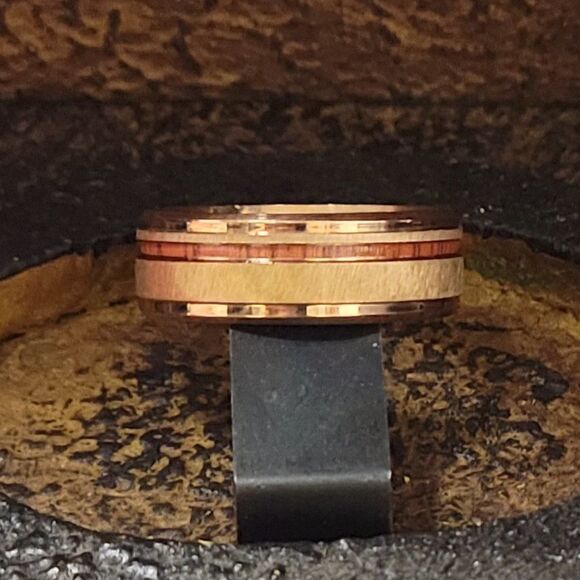 Men's Promise Ring Surgical Steel With Rose Gold Coating and Wood inlay - Picture 6 of 7